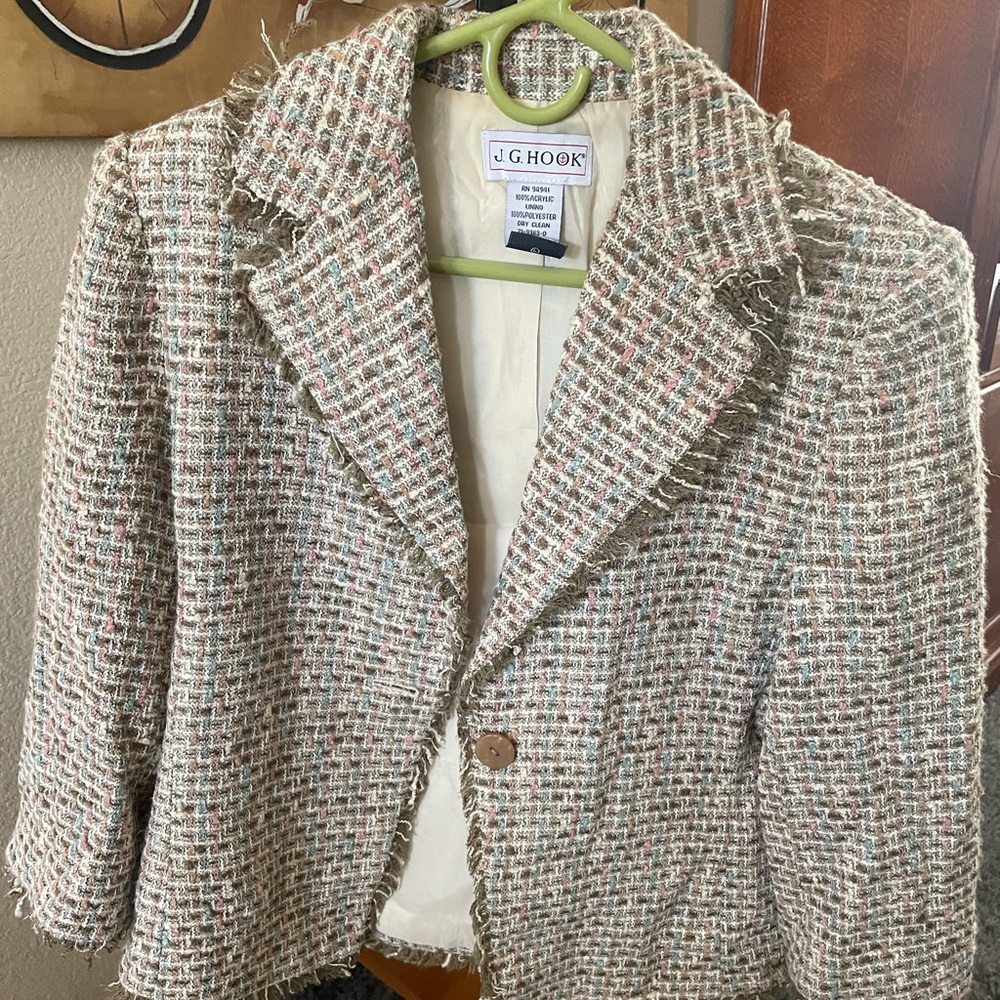 J.G.Hook, patterned, multi-color jacket, lined, frayed edges, single button
